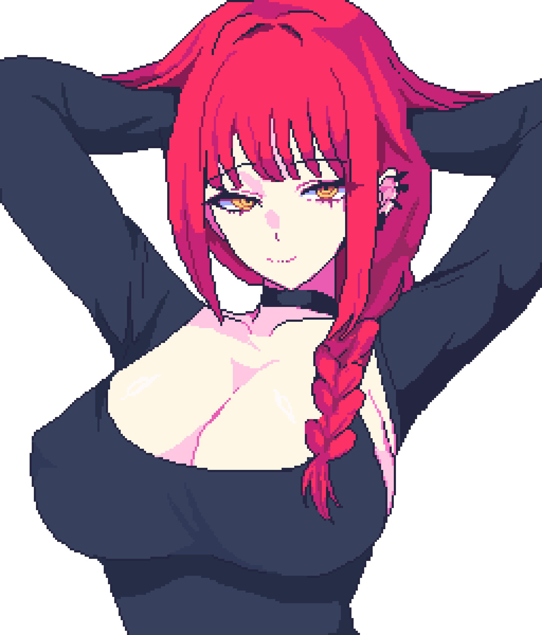 pixelcadete, makima (chainsaw man), chainsaw man, highres, 1girl, arms behind head, black choker, black shirt, braid, braided ponytail, breasts, choker, cleavage, closed mouth, ear piercing, eyes visible through hair, large breasts, long hair, long sleeves, looking at viewer, piercing, pixel art, ponytail, red hair, ringed eyes, shirt, smile, solo, upper body, white background, yellow eyes