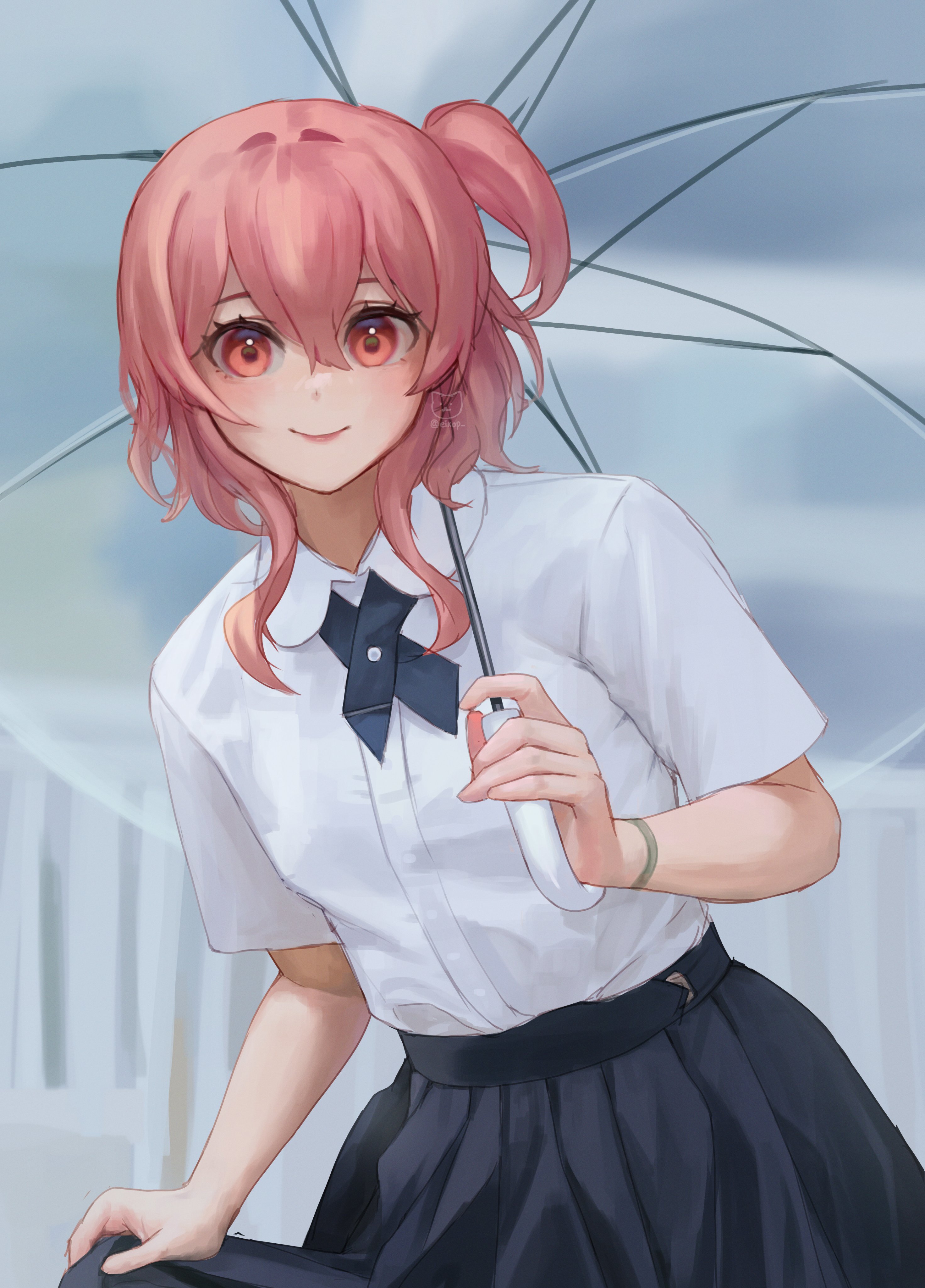 eikop, rosemi lovelock, nijisanji, nijisanji en, absurdres, highres, 1girl, bracelet, breasts, holding, holding umbrella, jewelry, looking at viewer, medium hair, pink hair, red eyes, school uniform, side ponytail, skirt hold, small breasts, solo, umbrella, virtual youtuber