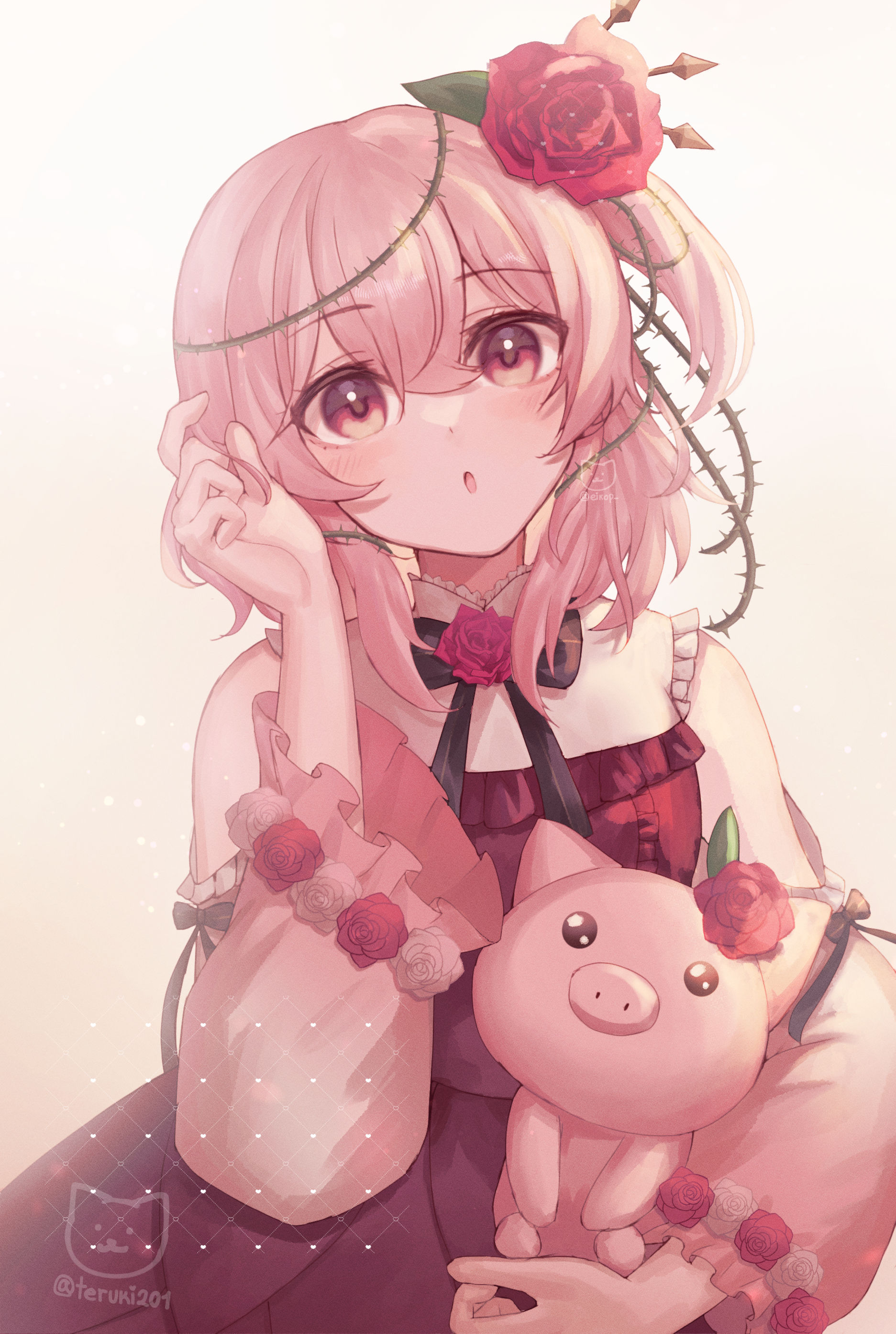 eikop, rosebud (rosemi lovelock), rosemi lovelock, nijisanji, nijisanji en, absurdres, highres, 1girl, :o, artist name, blush, clothing cutout, flower, gradient background, hair flower, hair ornament, hand in own hair, medium hair, pink hair, red eyes, red flower, red rose, rose, shoulder cutout, side ponytail, twitter username, virtual youtuber
