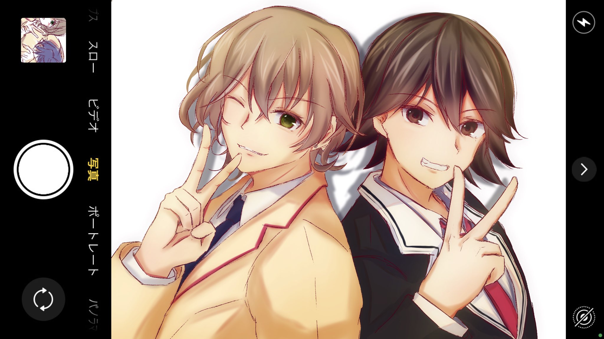 chaos;child, chaos;head, science adventure, highres, 2boys, black hair, blazer, blonde hair, blush, brown eyes, brown hair, cheren r, green eyes, grin, hair between eyes, hekiho academy school uniform, itou shinji (chaos;child), jacket, long sleeves, looking at viewer, male focus, misumi daisuke, multiple boys, necktie, one eye closed, school uniform, shirt, short hair, smile, suimei academy school uniform, upper body, v