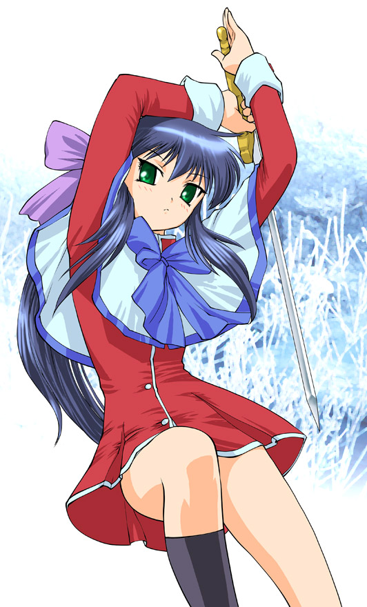 ueyama michirou, kawasumi mai, kanon, 1girl, blue hair, female focus, green eyes, red skirt, school uniform, serafuku, skirt, solo, sword, weapon