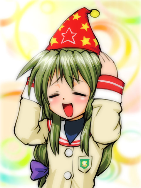 ueyama michirou, ibuki fuuko, clannad, 00s, 1girl, blush, closed eyes, female focus, hat, long hair, open mouth, party hat, solo, star (symbol), upper body