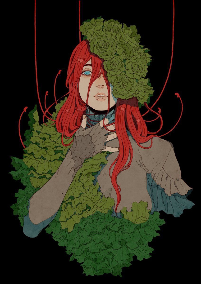 ionomycin, original, commentary, english commentary, highres, 1girl, black background, blue eyes, cropped torso, flower, flower on head, green flower, grey shirt, hair between eyes, hand on own neck, long hair, looking at viewer, one eye covered, parted lips, red hair, shirt, simple background, solo, straight-on, upper body