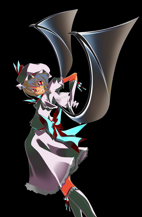 noi (noi 2y), remilia scarlet, touhou, silver hair, 1girl, bat wings, black background, black socks, dress, female focus, from side, kneehighs, looking at viewer, looking to the side, outstretched arm, puffy short sleeves, puffy sleeves, red eyes, short hair, short sleeves, simple background, socks, solo, standing, thighhighs, white dress, wings, zettai ryouiki