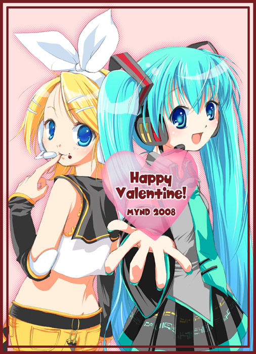 natsunagi nei, hatsune miku, kagamine rin, vocaloid, 00s, 2008, 2girls, aqua eyes, aqua hair, aqua nails, back, belt, blonde hair, blue eyes, blush, chocolate, crop top, detached sleeves, female focus, finger sucking, finger to mouth, hair ornament, hair ribbon, hairclip, happy valentine, headset, long hair, looking at viewer, looking back, multiple girls, nail polish, necktie, open mouth, pleated skirt, ribbon, school uniform, serafuku, short hair, shorts, skirt, smile, twintails, valentine, very long hair