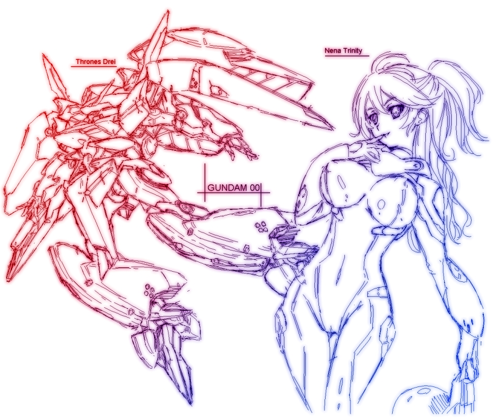 yoshimoto (dear life), gundam throne drei, nena trinity, gundam, gundam 00, 00s, 1girl, bodysuit, breasts, cameltoe, character name, copyright name, covered erect nipples, finger in own mouth, helmet, holding, holding unworn helmet, large breasts, mecha, robot, sketch, two side up, unworn helmet