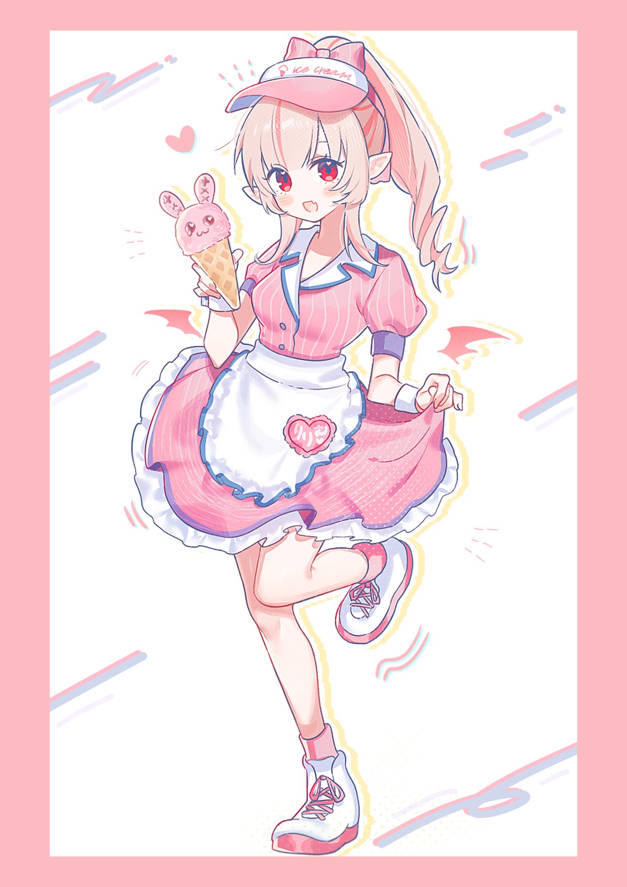 makaino ririmu, nijisanji, highres, 1girl, :d, animal-themed food, ankle boots, ankle socks, apron, blue sleeve cuffs, blue trim, blunt bangs, boots, border, bow, breasts, colored inner hair, drill hair, drill ponytail, fang, food, frilled skirt, frills, full body, grey hair, hair over shoulder, heart, heart in eye, holding, holding food, holding ice cream, holding ice cream cone, ice cream, ice cream cone, iimuchan love, jacket, knee up, lapels, looking at viewer, medium breasts, multicolored hair, name tag, notice lines, official alternate costume, official alternate hairstyle, open mouth, pink background, pink border, pink bow, pink hair, pink jacket, pink skirt, pink socks, pointy ears, puffy short sleeves, puffy sleeves, red eyes, shoelaces, short sleeves, sidelocks, skin fang, skirt, skirt hold, smile, socks, solo, standing, standing on one leg, streaked hair, striped bow, striped clothes, striped jacket, striped skirt, symbol in eye, vertical-striped bow, vertical-striped clothes, vertical-striped jacket, virtual youtuber, visor cap, waist apron, waitress, white background, white boots, white wrist cuffs, wrist cuffs