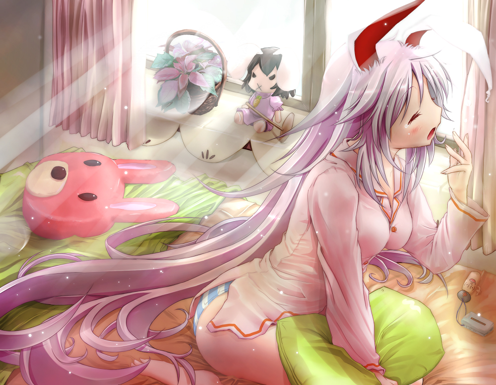 scarlet (studioscr), inaba tewi, reisen udongein inaba, yagokoro, touhou, 1girl, animal ears, cellphone, character doll, doll, female focus, long hair, pajamas, panties, phone, purple hair, rabbit ears, solo, striped clothes, striped panties, underwear, very long hair, yawning