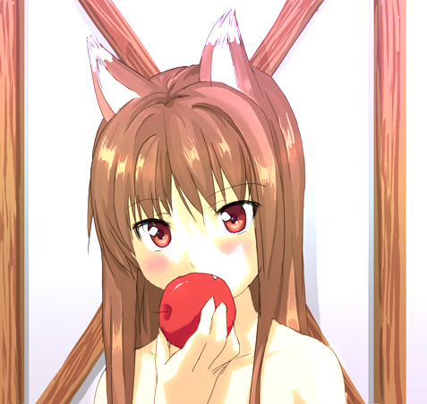 nagisa manoa, holo, spice and wolf, lowres, 00s, 1girl, animal ears, apple, eating, fang, female focus, food, fruit, holding, holding food, holding fruit, nude, solo, wolf ears