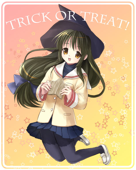 kimishima ao, ibuki fuuko, clannad, 00s, 1girl, black hair, black pantyhose, brown eyes, female focus, full body, gradient background, halloween, hat, long hair, low-tied long hair, pantyhose, pink background, school uniform, shoes, skirt, smile, solo, star (symbol), star symbol background, starfish, trick or treat, witch hat, yellow background