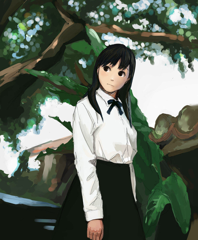 tamaru tokihiko, original, looking away, 1girl, arms at sides, black eyes, black hair, black ribbon, black skirt, blouse, building, collared shirt, day, dress shirt, female focus, long hair, long sleeves, looking to the side, neck ribbon, outdoors, ribbon, school uniform, serafuku, shirt, skirt, solo, standing, tree, under tree, white shirt