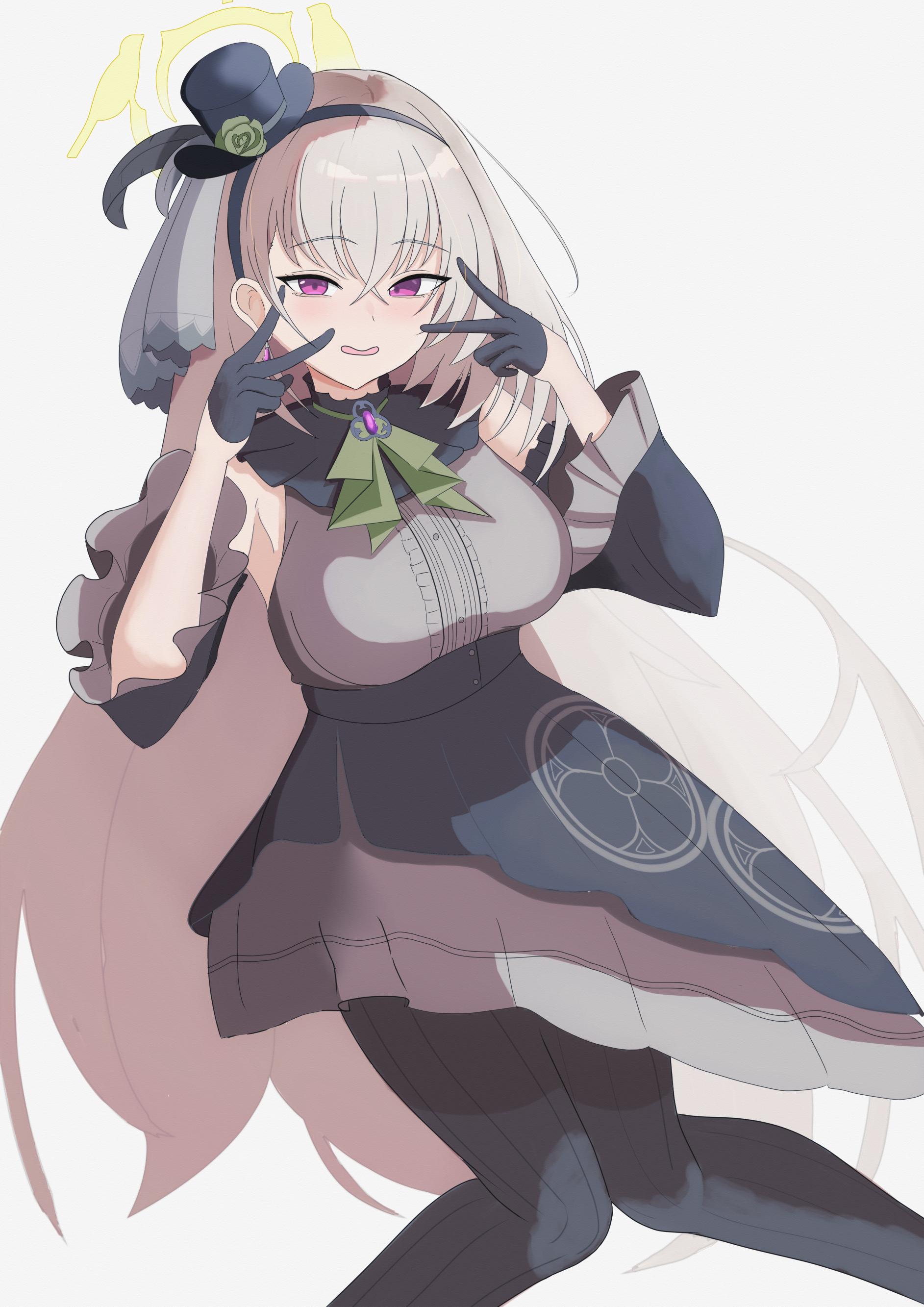 montsuko, sakurako (blue archive), sakurako (idol) (blue archive), blue archive, absurdres, commentary request, highres, 1girl, ascot, bare shoulders, black gloves, black hairband, black hat, black pantyhose, black skirt, blush, breasts, center frills, crossed bangs, detached sleeves, double v, dutch angle, feet out of frame, flower, frilled sleeves, frills, gloves, green ascot, green flower, green rose, grey hair, grey shirt, hair between eyes, hairband, half gloves, halo, hands up, hat, hat flower, high-waist skirt, idol, knees together feet apart, large breasts, long hair, long sleeves, looking at viewer, mini hat, mini top hat, official alternate costume, open mouth, pantyhose, pink eyes, rose, shirt, simple background, skirt, sleeveless, sleeveless shirt, smile, solo, standing, top hat, tsurime, v, v over eye, very long hair, white background, wide sleeves, yellow halo