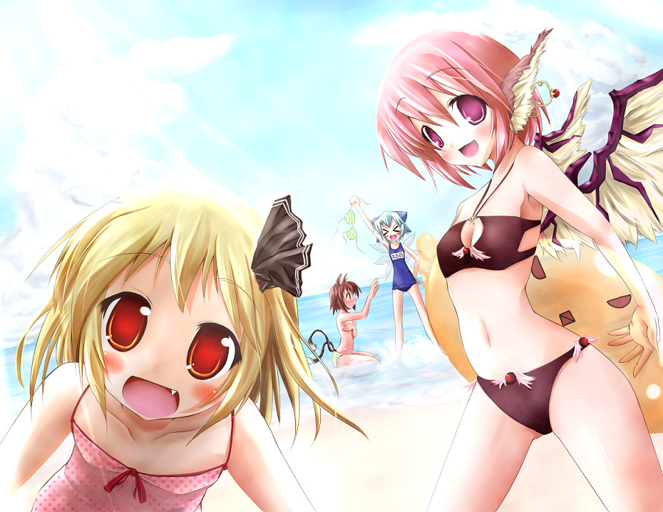 scarlet (studioscr), chen, cirno, mystia lorelei, rumia, touhou, bad id, bad pixiv id, > <, 4girls, animal ears, beach, bikini, blonde hair, blue hair, blush, bow, brown hair, closed eyes, day, fang, female focus, hair bow, hair ribbon, multiple girls, multiple tails, name tag, one-piece swimsuit, outdoors, pink hair, red eyes, ribbon, school swimsuit, short hair, sky, swimsuit, tail, team 9 (touhou), wings