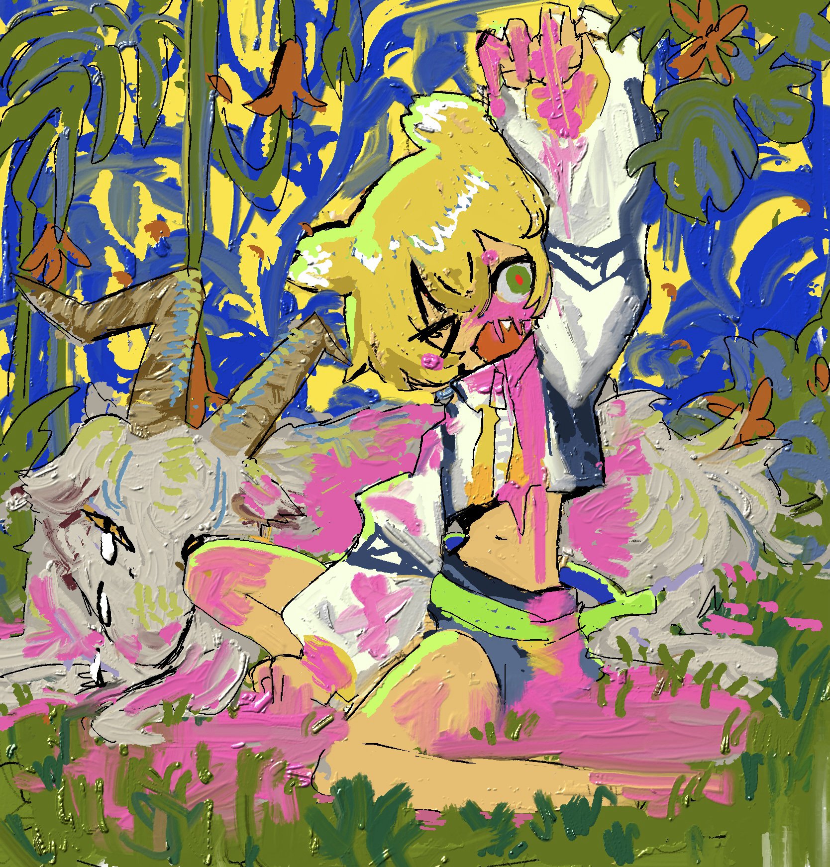 moosu, taiga lucia, denonbu, highres, > o, abstract background, animal, belt, bleeding, blonde hair, blood, blood on clothes, blood on face, blood on ground, blood on hands, blood splatter, bush, claws, cropped jacket, crossed bangs, dead animal, death, faux traditional media, goat, grass, green belt, green eyes, hair between eyes, hair tuft, jacket, long sleeves, nature, on grass, one eye closed, open mouth, outdoors, painterly, pink blood, plant, puffy sleeves, red pupils, scenery, short hair, shorts, sidelocks, sleeves past wrists, striped clothes, striped jacket, tears, turtleneck, turtleneck jacket, vines, white streaks, zipper
