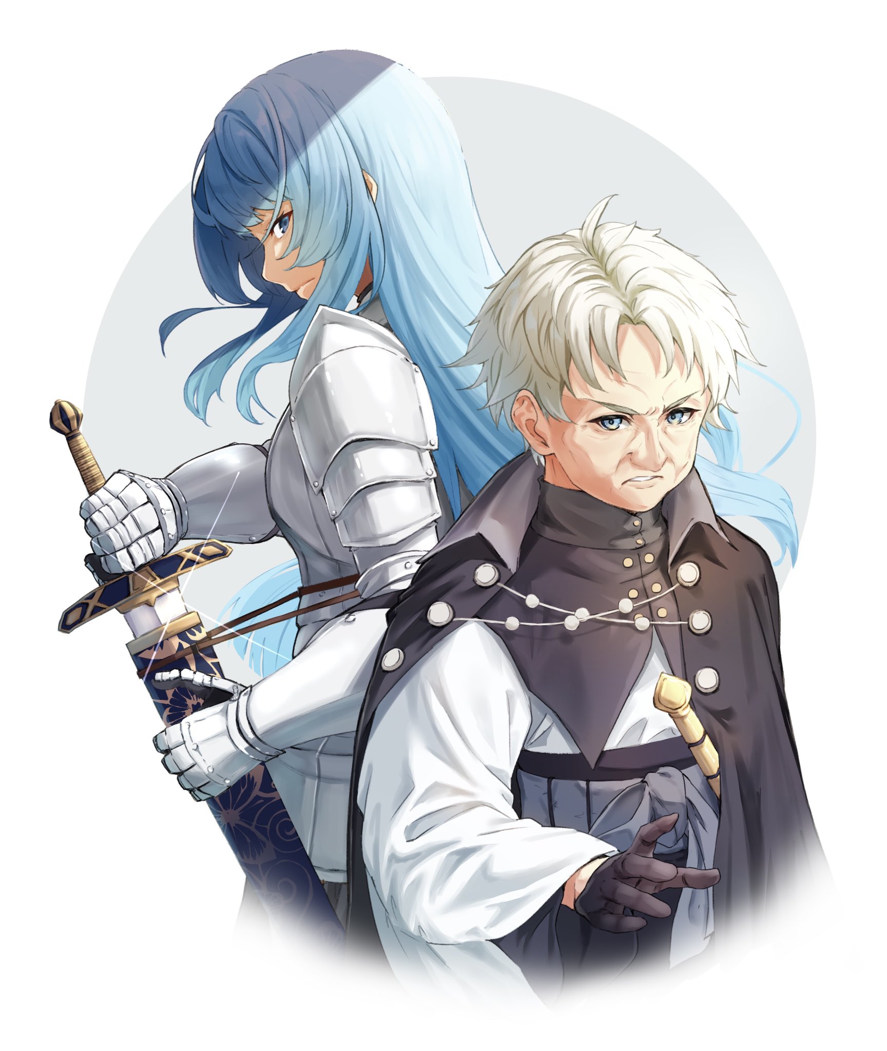 m.tokotsu, mushoku tensei, highres, 2girls, armor, blue eyes, blue hair, hime cut, holding, holding sword, holding weapon, isolte cruel, multiple girls, old, old woman, reida reia, sheath, sword, unsheathing, weapon, white hair