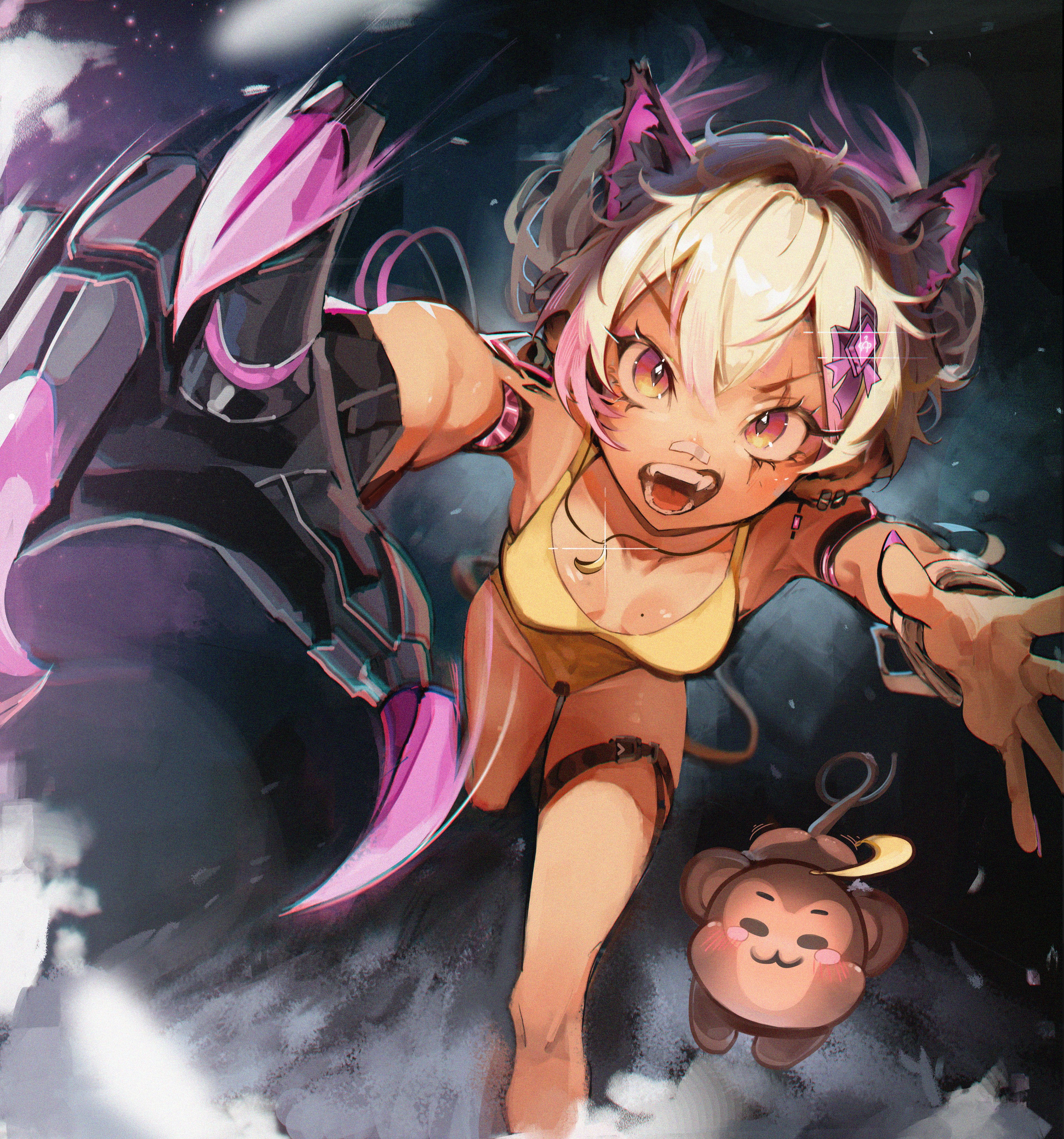 koko d. nuts, indie virtual youtuber, absurdres, commentary, english commentary, highres, 1girl, :3, ahoge, animal ears, axel (koko d. nuts), bandaid, bandaid on face, bandaid on nose, blonde hair, breasts, cat ears, cat girl, clawing, claws, closed mouth, cyborg, dark-skinned female, dark skin, earrings, eyelashes, fangs, fingernails, hair ornament, jewelry, leotard, monkey, monkey ears, monkey girl, motion blur, multicolored hair, multiple animal ears, nail polish, open mouth, pink hair, purple nails, scar, scar across eye, scar on face, short hair, small breasts, smile, sparkle, teeth, thigh strap, two-tone hair, v-shaped eyebrows, virtual youtuber, yellow leotard, z danvers