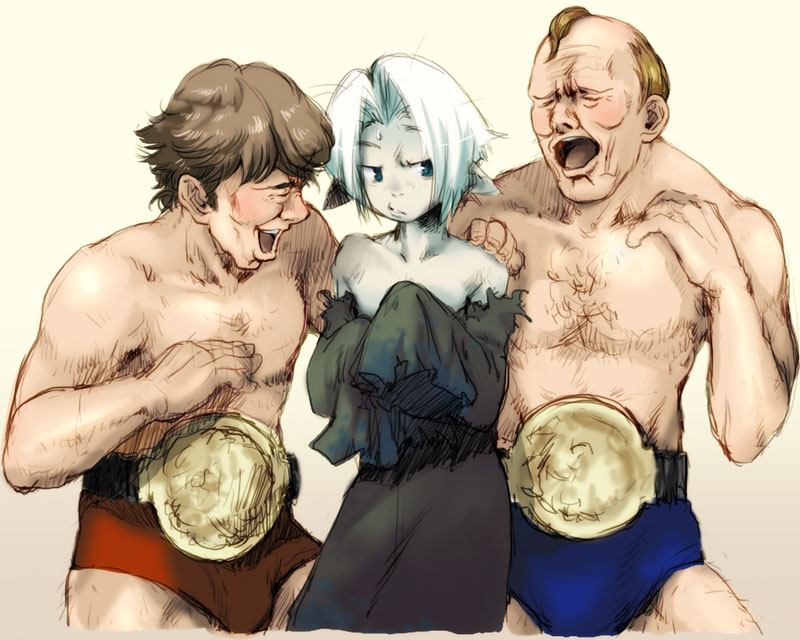 soutatsu, dory funk jr, eien no shounen, gerald brisco, lost (sound horizon), sound horizon, 3boys, bald, belt, blonde hair, brown hair, male focus, multiple boys, muscular, sweatdrop, torn clothes, wrestler