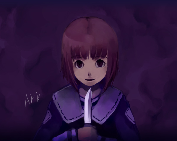 pos (shiratama-ya), soror, elysion, sound horizon, 1girl, black eyes, black shirt, blunt bangs, brown hair, collar, dagger, empty eyes, female focus, glint, grin, knife, long sleeves, looking at viewer, shirt, short hair, sidelocks, smile, solo, uppercut, weapon