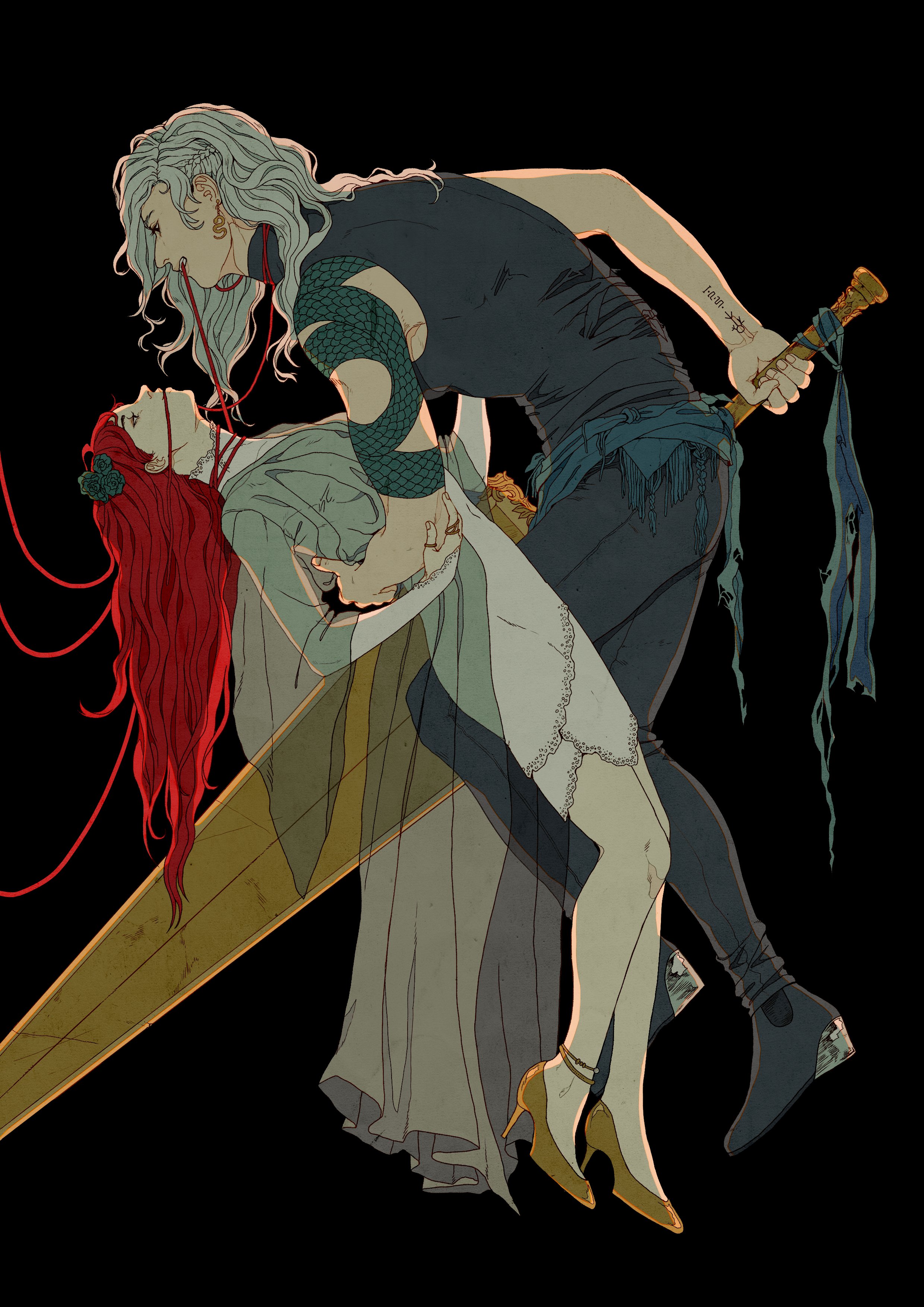 ionomycin, original, absurdres, commentary, english commentary, highres, 1boy, 1girl, biting another's hair, black background, dress, earrings, flower, full body, gold anklet, green flower, grey pants, grey robe, grey shirt, grey shoes, hair flower, hair ornament, hand on another's waist, high heels, holding, holding another's waist, holding sword, holding weapon, jewelry, long hair, long sword, looking at another, pants, red hair, robe, shirt, shoes, simple background, sleeveless, sleeveless shirt, snake earrings, snake tattoo, sword, tattoo, torn clothes, turtleneck, turtleneck shirt, weapon, white dress, yellow shoes