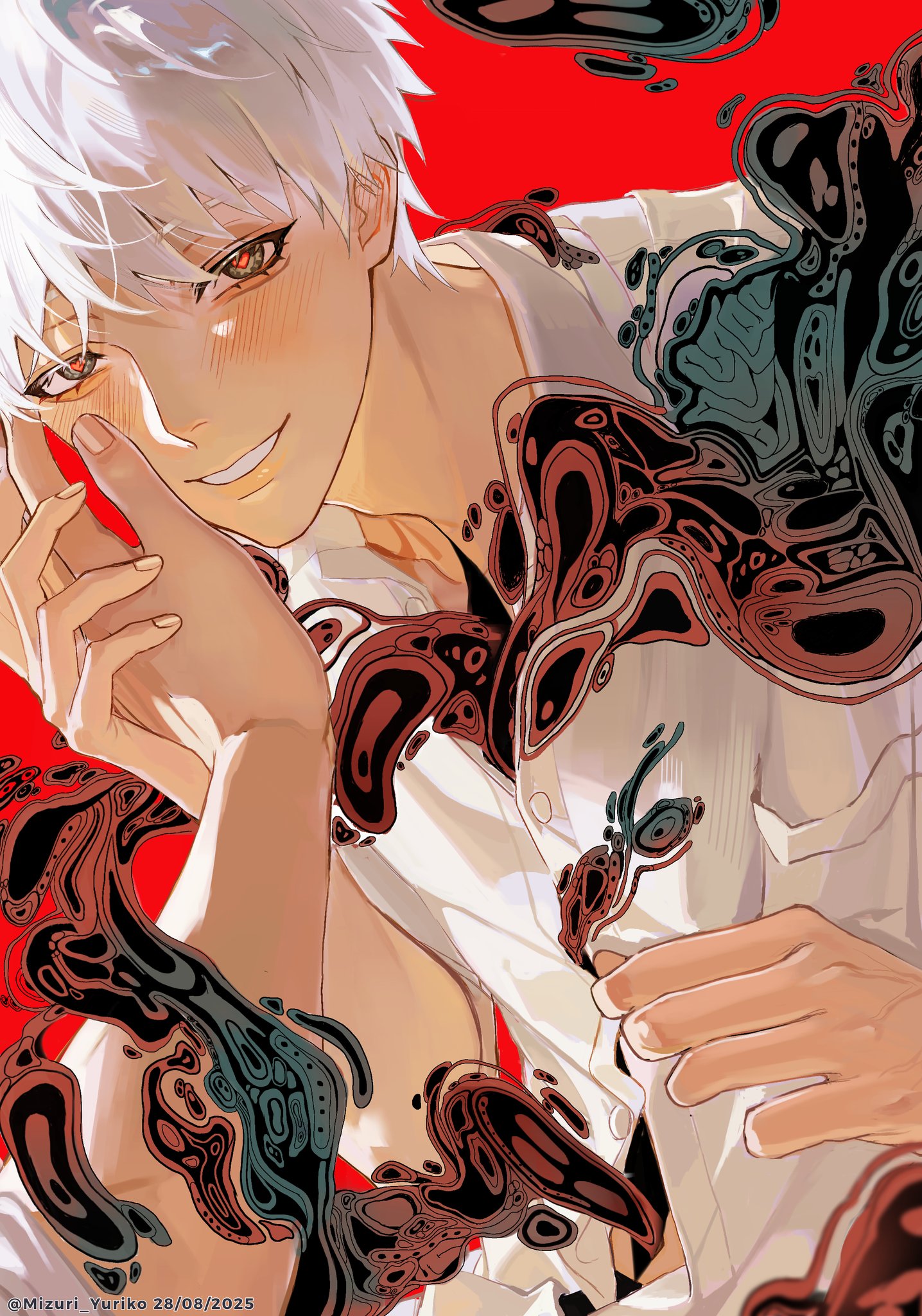 mizuri yuriko, indou hikaru, tsujinaka yoshiki, hikaru ga shinda natsu, highres, 2boys, adam's apple, blush, buttons, collared shirt, dated, grin, looking at viewer, male focus, multiple boys, pocket, red background, red pupils, shirt, short hair, simple background, smile, solo focus, twitter username, upper body, white hair, white shirt