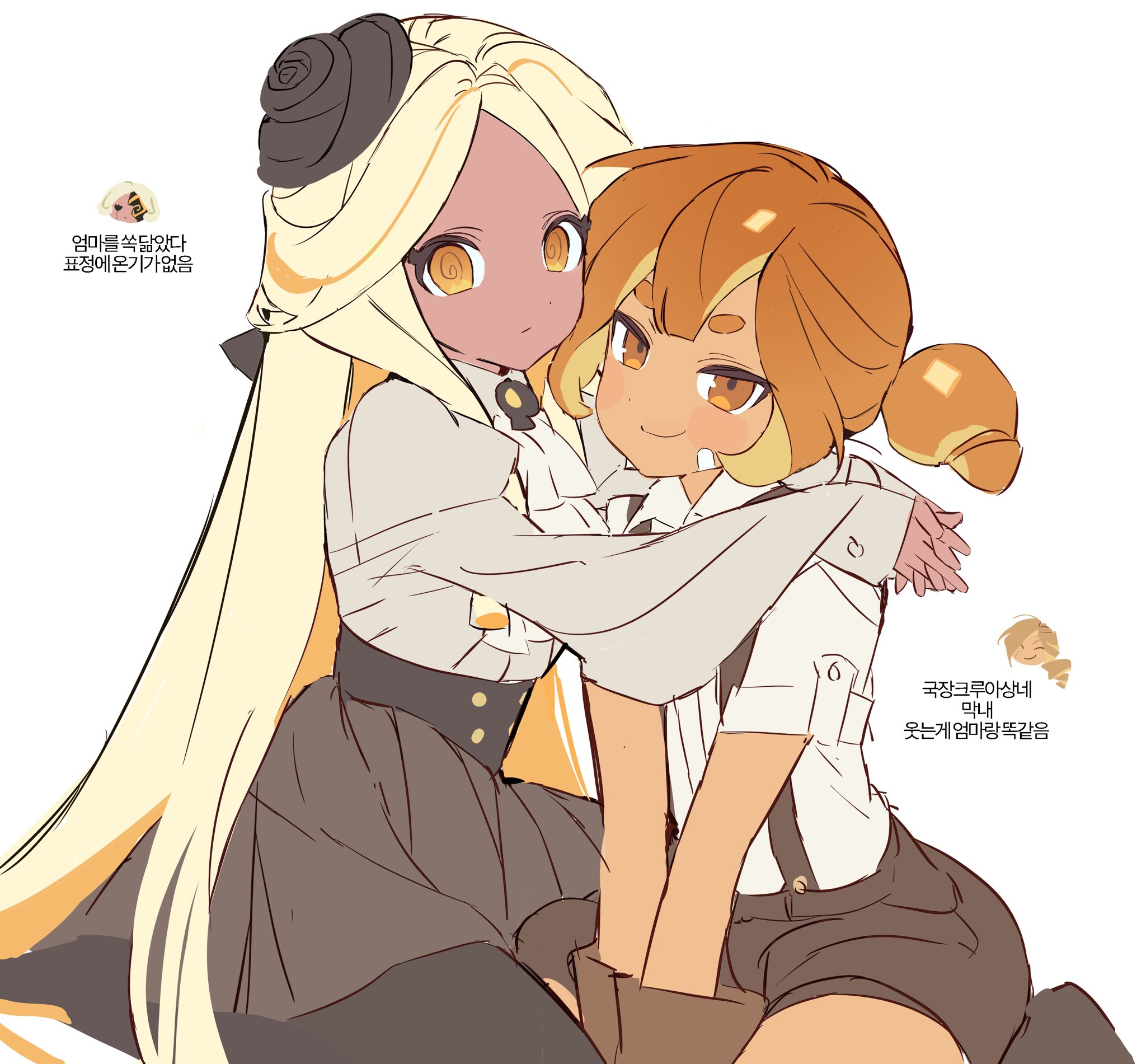 ohta guk hip, croissant cookie, croissant cookie (director of the tbd), timekeeper cookie, timekeeper cookie (ruler of the ephemeral flow), cookie run, cookie run: ovenbreak, commentary request, highres, korean commentary, protected link, translation request, 2girls, @ @, arms around neck, ascot, black hat, black pantyhose, blonde hair, blush, brown eyes, brown gloves, brown hair, brown shorts, buttons, center-flap bangs, closed mouth, collared shirt, dark-skinned female, dark skin, double-breasted, double-parted bangs, dual persona, expressionless, food-themed hair, full body, gloves, gold buttons, grey shirt, grey skirt, hair between eyes, hair over shoulder, hat, hat tip, hug, humanization, juliet sleeves, knees out of frame, korean text, long hair, long sleeves, looking at viewer, miniskirt, multicolored hair, multiple girls, no eyebrows, orange hair, own hands together, pantyhose, parted bangs, pleated skirt, ponytail, puffy sleeves, shirt, short hair, short shorts, short sleeves, shorts, simple background, sitting, skirt, sleeves past wrists, smile, streaked hair, suspender shorts, suspenders, tareme, tsurime, two-tone hair, v-shaped eyebrows, v arms, very long hair, white ascot, white background, white shirt