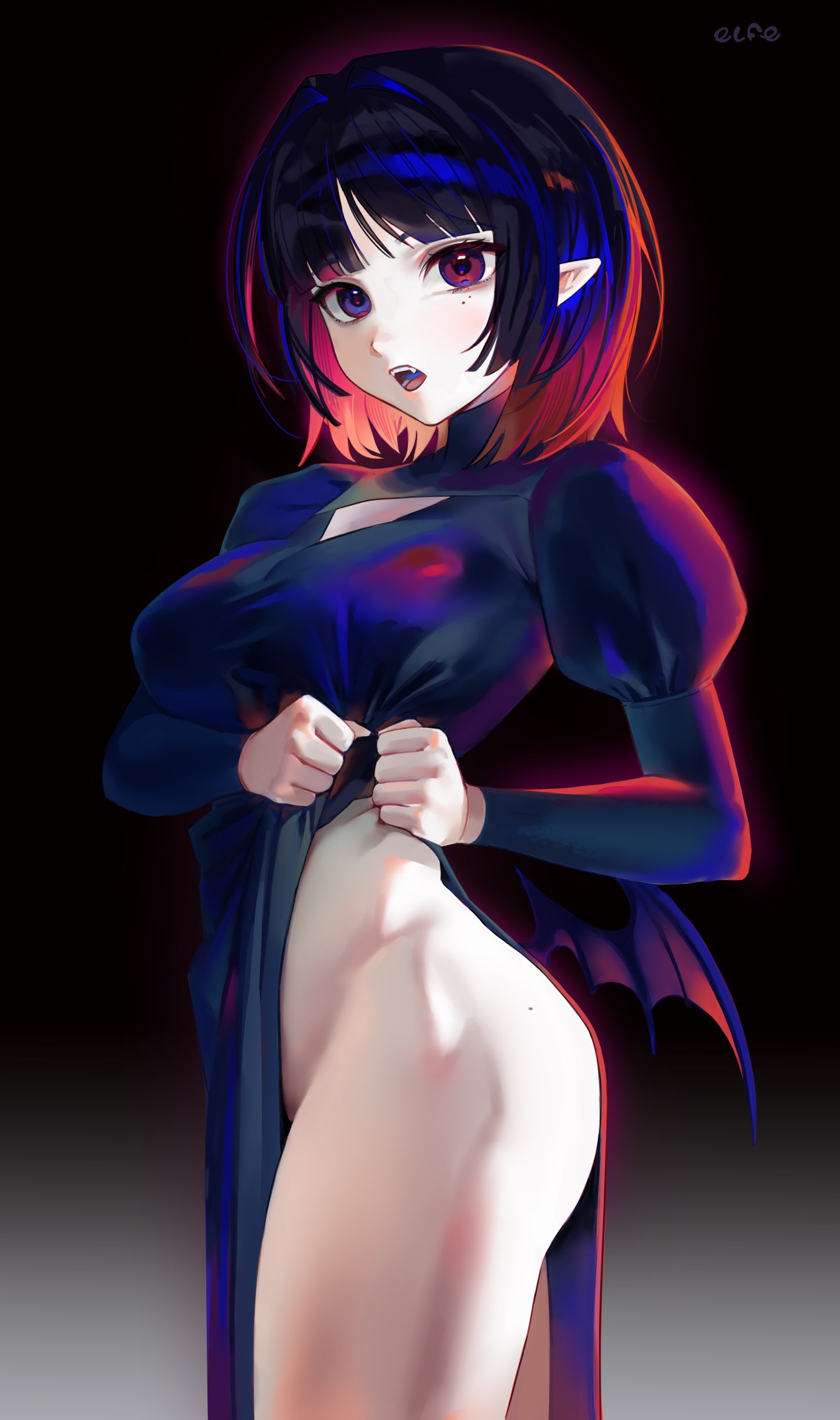 elfe art, original, absurdres, commentary, highres, 1girl, above-cleavage cutout, artist name, bat wings, black dress, blue eyes, blue hair, breasts, clothes lift, clothing cutout, colored inner hair, cowboy shot, dress, dress lift, fangs, gradient background, gradient hair, heterochromia, juliet sleeves, large breasts, lifting own clothes, long sleeves, looking at viewer, low wings, mole, mole on thigh, mole under eye, multicolored hair, multiple moles, open mouth, pointy ears, puffy sleeves, red eyes, red hair, short hair, solo, standing, two-tone hair, vampire, wings