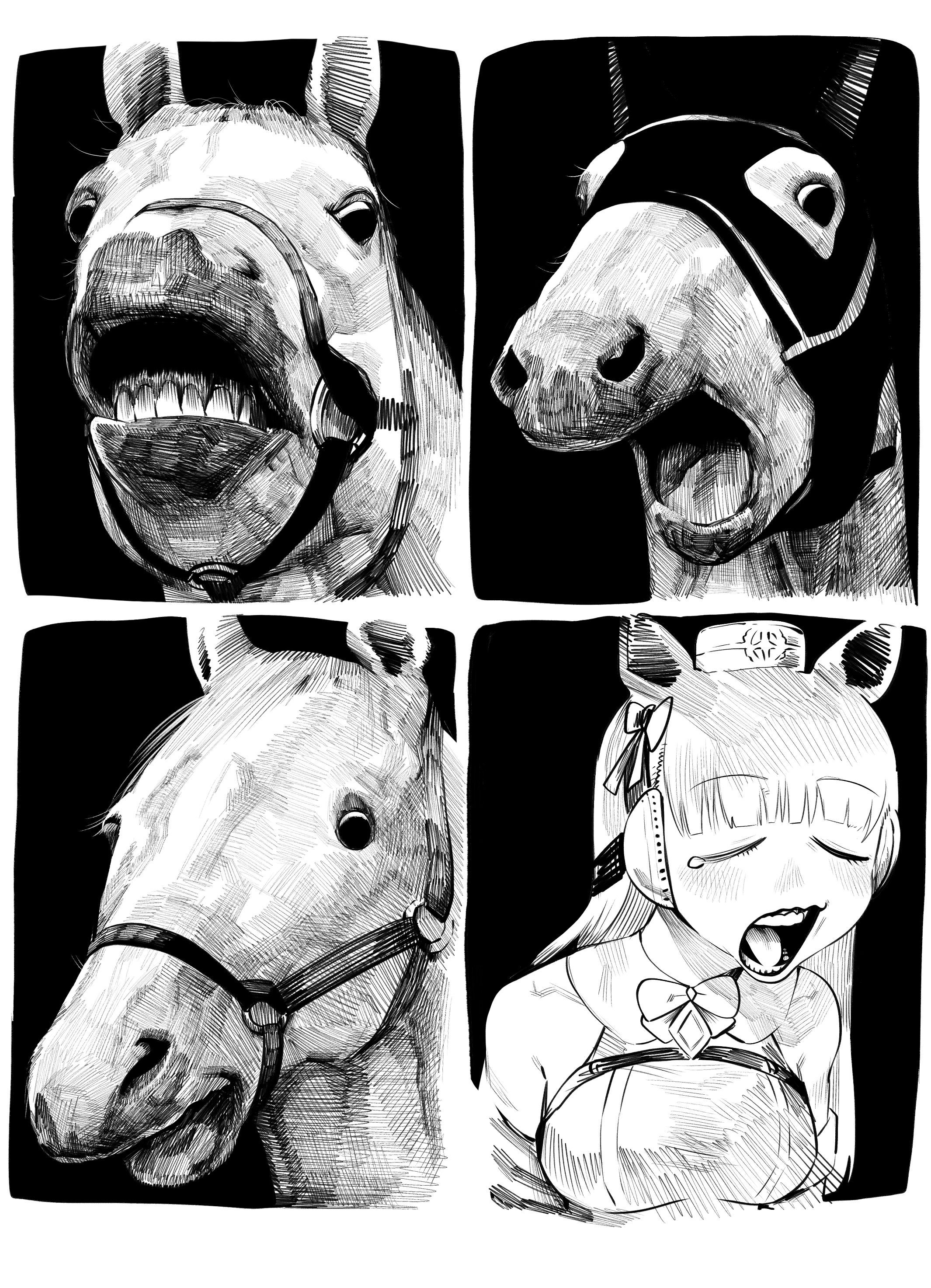 niwarhythm, gold ship (racehorse), gold ship (umamusume), umamusume, absurdres, commentary, highres, 1girl, animal ears, blunt bangs, bow, bowtie, breasts, greyscale, horse, horse ears, horse girl, looking at viewer, medium breasts, monochrome, multiple expressions, multiple views, sleepy, tears, upper body, yawning