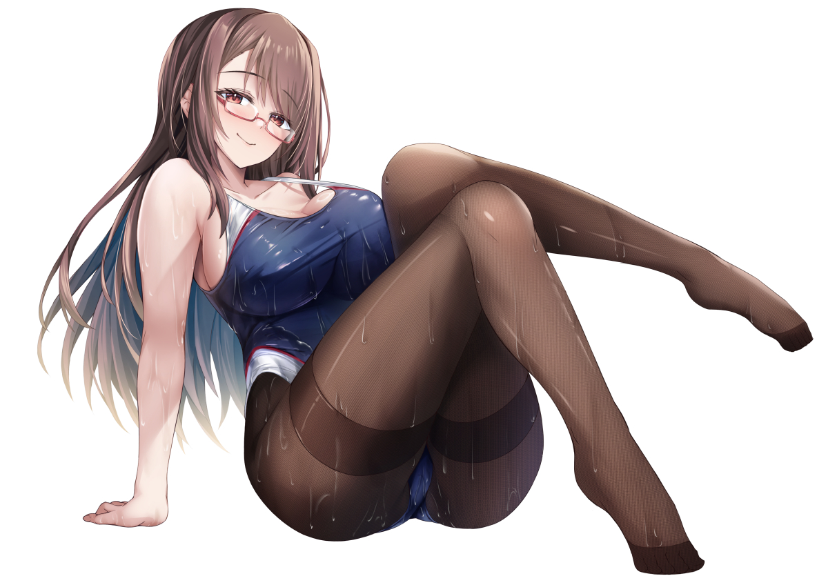 massan, original, 1girl, black pantyhose, blue one-piece swimsuit, blush, breasts, brown hair, collarbone, competition swimsuit, covered navel, glasses, large breasts, long hair, looking at viewer, one-piece swimsuit, pantyhose, pantyhose under swimsuit, sitting, smile, solo, swimsuit, thighband pantyhose, wet, wet clothes, white background