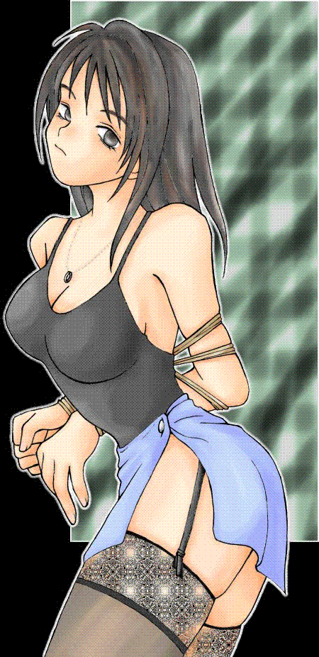 rinoa heartilly, final fantasy, final fantasy viii, lace-trimmed legwear, 1990s (style), 1girl, bdsm, bondage, bound, female focus, garter straps, lace, lace trim, lingerie, retro artstyle, rope, solo, thighhighs, underwear