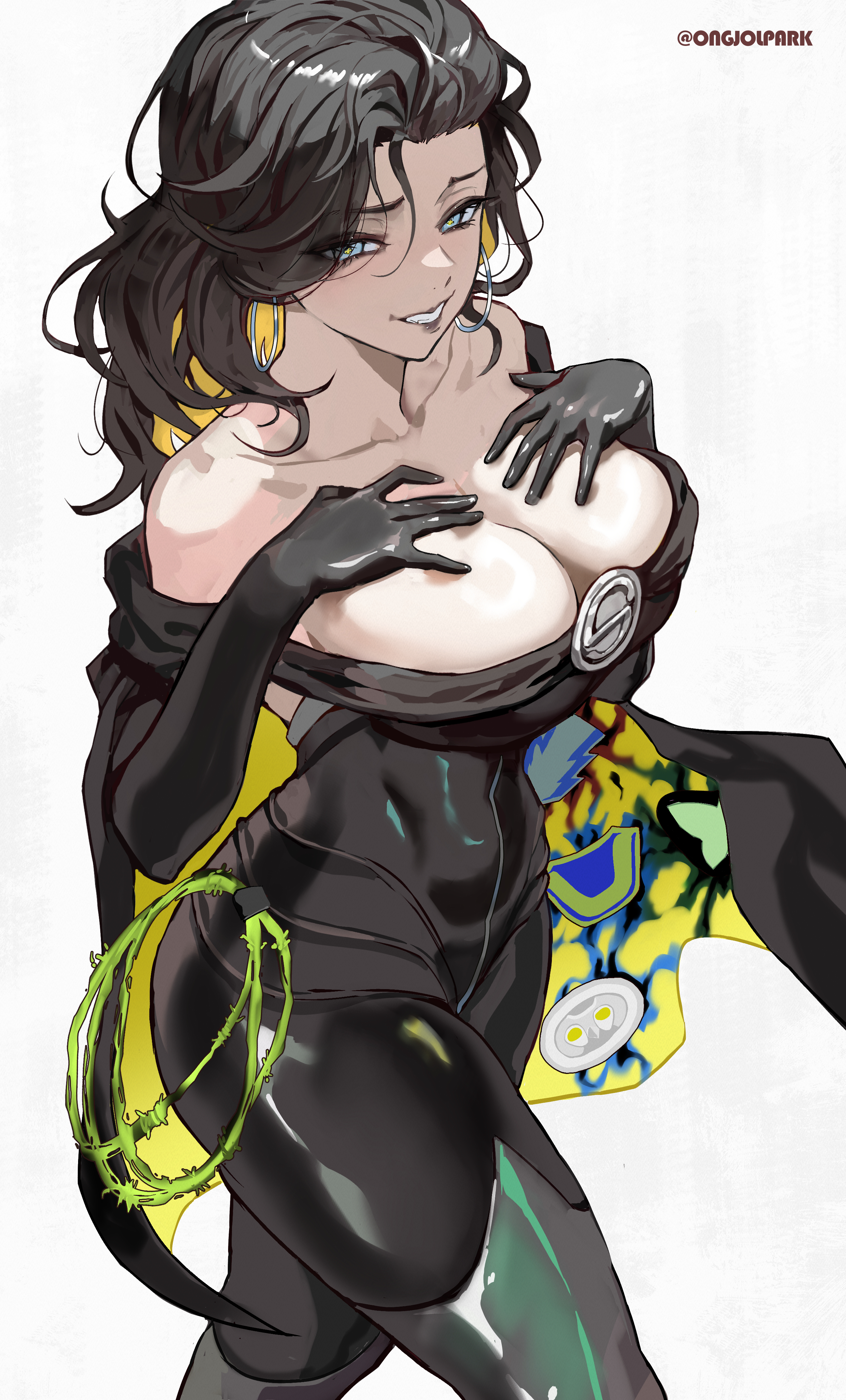 park ongjol, owlman, superwoman, ultraman (dc), dc comics, absurdres, commentary, english commentary, highres, 1girl, blue eyes, breasts, colored inner hair, earrings, hoop earrings, jewelry, large breasts, lasso, multicolored hair, solo, twitter username, white background