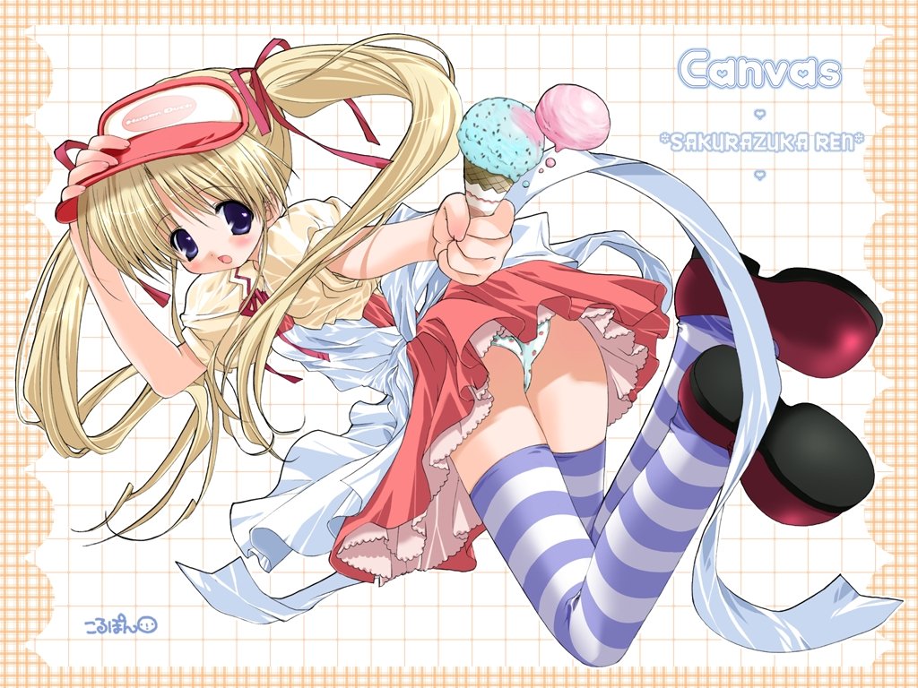sakurazuka ren, canvas, canvas (cocktail soft), canvas sepia iro no motif, 00s, 1girl, blonde hair, blue eyes, blush, female focus, food, hat, ice cream, ice cream cone, panties, polka dot, polka dot panties, solo, thighhighs, underwear