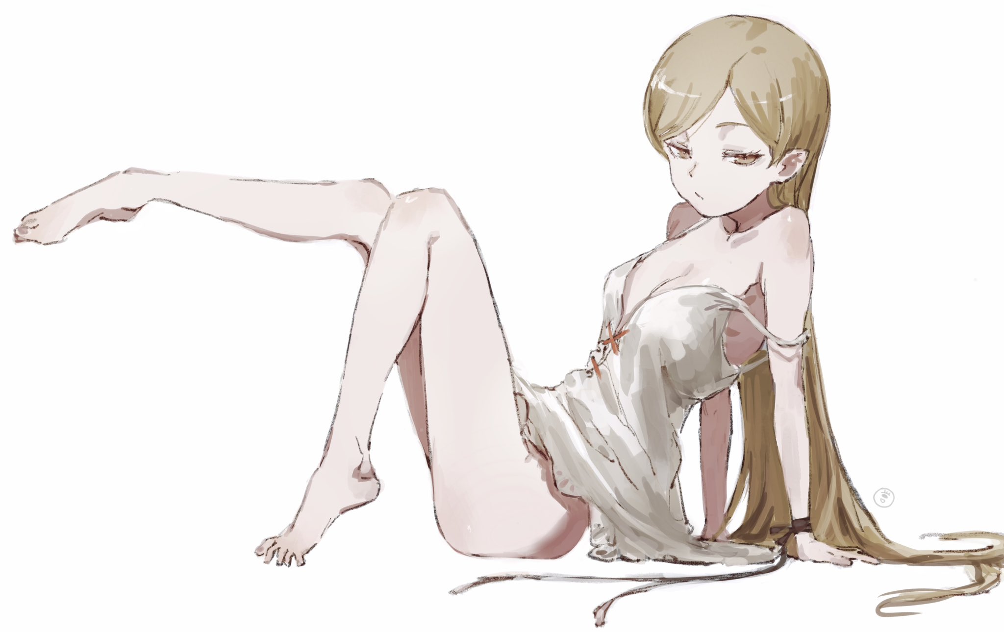 taki (a313131333), kiss-shot acerola-orion heart-under-blade, kiss-shot acerola-orion heart-under-blade (young), oshino shinobu, kizumonogatari, monogatari (series), highres, 1girl, :/, arm support, bare legs, bare shoulders, barefoot, blonde hair, breasts, brown ribbon, closed mouth, dress, feet, from side, long hair, looking at viewer, medium breasts, outstretched leg, pointy ears, reclining, ribbon, simple background, sleeveless, sleeveless dress, solo, spread toes, strap slip, sundress, swept bangs, toes, very long hair, white background, white dress, wrist ribbon, yellow eyes