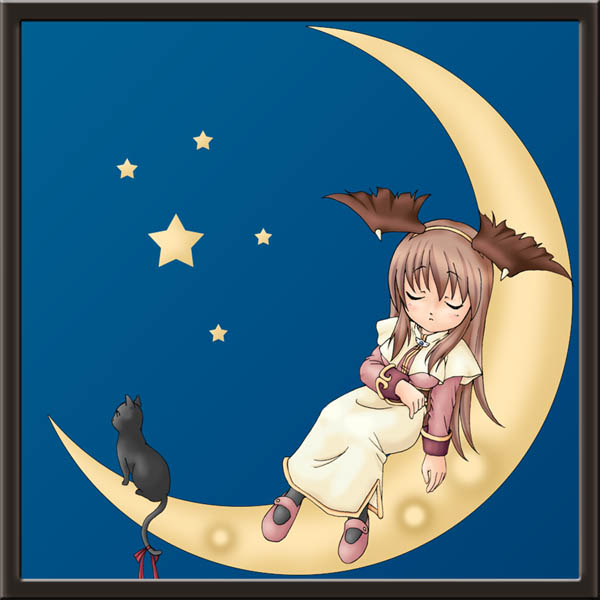 acolyte (ragnarok online), ragnarok online, bad id, bad source, commentary request, 1girl, 2000s (style), black border, black cat, black socks, blush, border, brown hair, brown shirt, brown wings, capelet, cat, closed eyes, closed mouth, demon wings, expressionless, fake wings, full body, head wings, kaga sayuki, long hair, long sleeves, mary janes, on crescent, pink shoes, shirt, shoes, skirt, socks, solo, star (symbol), white capelet, white skirt, wings