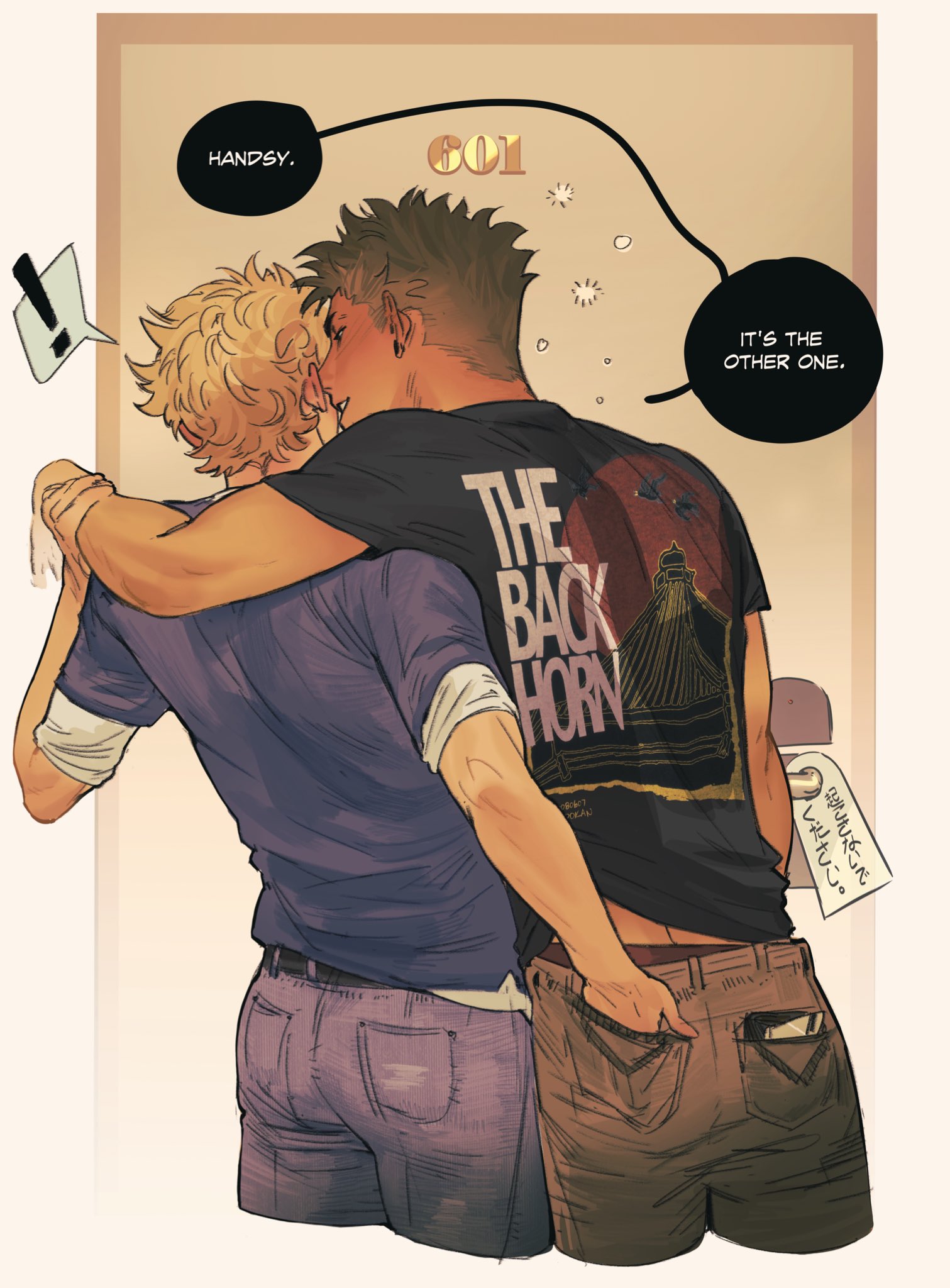 isa (babeyxiao), kuramochi youichi, narumiya mei, ace of diamond, highres, !, 2boys, alternate costume, arm around neck, back, black shirt, blonde hair, blue shirt, blush, cropped legs, curly hair, denim, english text, green hair, hand in another's pocket, jeans, male focus, male underwear, male underwear peek, multiple boys, pants, pocket, shirt, short hair, sleeves rolled up, speech bubble, spoken exclamation mark, standing, underwear, yaoi