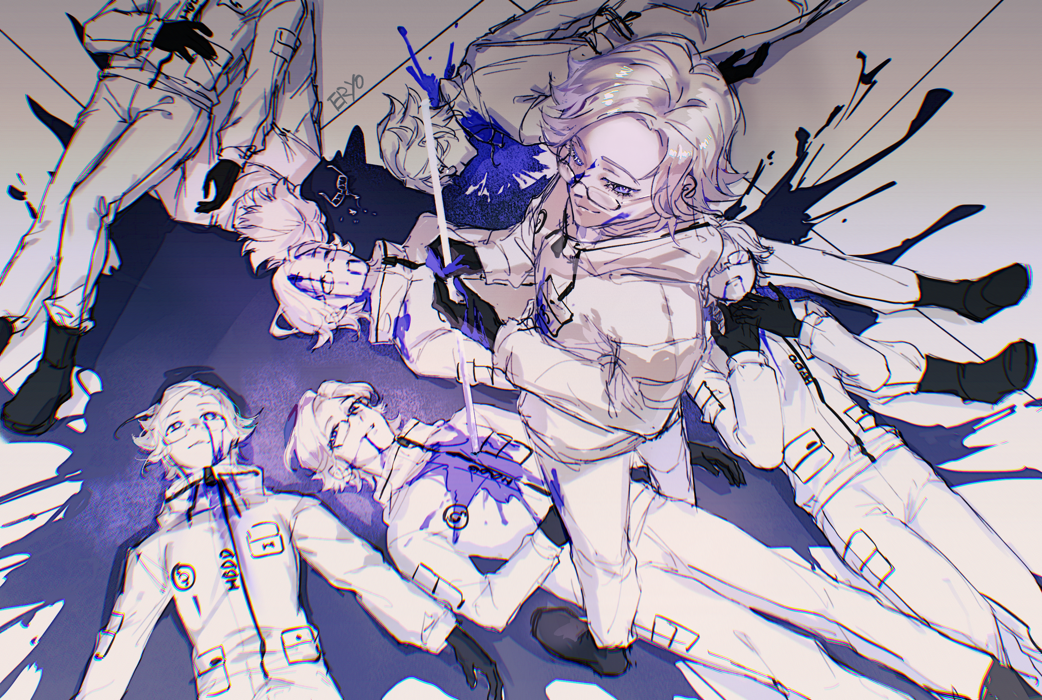 sther-vita, aotsuki eito, the hundred line -last defense academy-, absurdres, chinese commentary, commentary request, highres, 6+boys, artist name, black gloves, black shoes, blood, blood from forehead, blood from mouth, blood on clothes, blood on face, blood on ground, breast pocket, clone, corpse, glasses, gloves, grey hair, jacket, looking at viewer, male focus, multiple boys, pants, pocket, purple blood, purple eyes, ringed eyes, shoes, short hair, smile, stab, standing, white jacket, white pants