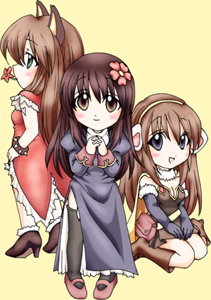 alchemist (ragnarok online), priest (ragnarok online), rogue (ragnarok online), ragnarok online, bad id, bad source, commentary request, lowres, 2000s (style), 3girls, animal ears, black thighhighs, boots, bracelet, breasts, brown boots, brown cape, brown dress, brown eyes, brown hair, cape, cat ears, cat girl, chibi, chibi only, cleavage, closed mouth, coat, dress, elbow gloves, flower, flower in mouth, full body, fur-trimmed gloves, fur collar, fur trim, gloves, green eyes, hair flower, hair ornament, jewelry, juliet sleeves, kaga sayuki, long hair, long sleeves, looking at viewer, medium breasts, multiple girls, open mouth, own hands together, pink flower, puffy sleeves, purple dress, purple gloves, red coat, side slit, simple background, sitting, smile, spiked bracelet, spikes, standing, strapless, strapless dress, thighhighs, yellow background