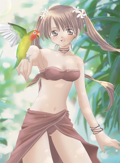 koshikawa guu, miss surfersparadise, original, 1girl, bandeau bikini, bangle, bikini, bird, blush, bracelet, breasts, brown eyes, brown hair, day, female focus, flower, hair flower, hair ornament, jewelry, long hair, medium breasts, parrot, red sarong, sarong, solo, strapless, strapless bikini, swimsuit, twintails