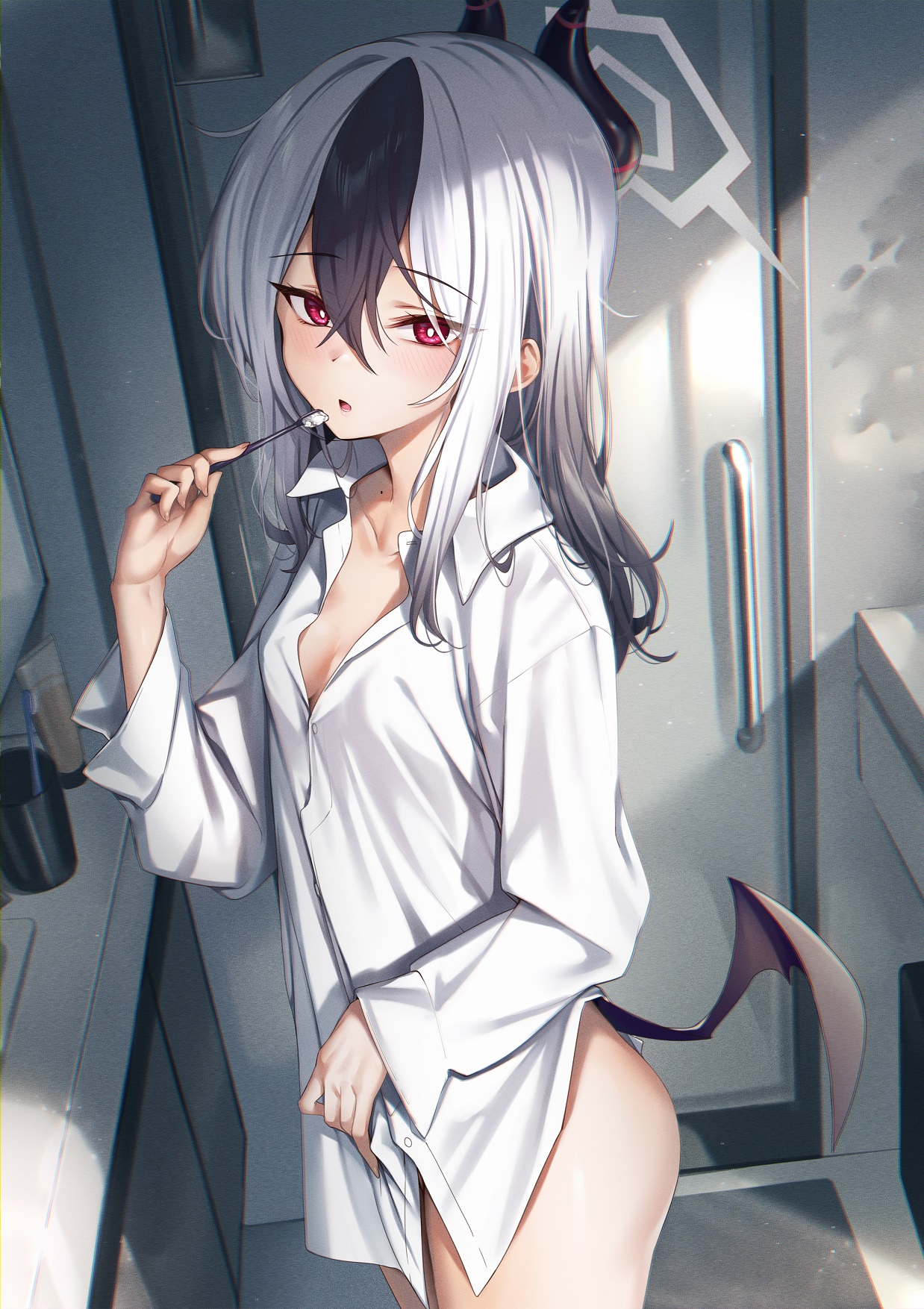 ks (xephyrks), kayoko (blue archive), blue archive, commentary request, highres, 1girl, alternate costume, alternate hairstyle, black hair, black wings, blush, breasts, demon horns, demon tail, gradient hair, hair between eyes, holding, holding toothbrush, horns, indoors, long hair, looking at viewer, multicolored hair, open mouth, red eyes, shirt, single wing, small breasts, solo, tail, thighs, toothbrush, white hair, white shirt, wings