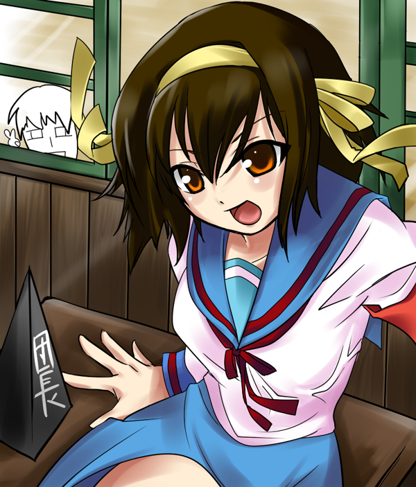 kurou (yugato), yugato, suzumiya haruhi, suzumiya haruhi no yuuutsu, 00s, 1girl, :d, blue skirt, blush, brown eyes, brown hair, collarbone, desk, dripping, female focus, hairband, japanese text, long sleeves, open mouth, peeking, sailor collar, school desk, school uniform, serafuku, sitting, skirt, smile, solo, surprised, sweat, sweatdrop, table, turn pale, window