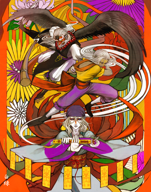 byakuroku, kusuriuri (mononoke), mononoke, character request, 00s, 3boys, action, bandana, beard, blonde hair, blue eyes, bow, demon form, dual persona, durag, facepaint, facial hair, facial mark, fighting stance, flower, geta, hair tie, japanese clothes, kimono, lipstick, long hair, looking at viewer, makeup, male focus, multiple boys, nail polish, obi, ofuda, pointy ears, sash, sheath, sheathed, sword, tengu, very long hair, weapon, white hair, wings