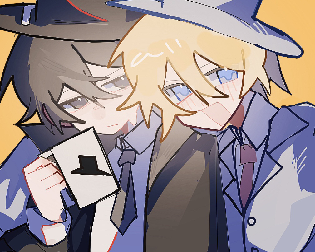 henry stickmin (series), chinese commentary, commentary request, 2boys, :d, animification, arm around shoulder, behind another, black eyes, black hair, black hat, black jacket, black necktie, blue eyes, blue hat, blue jacket, blush, bright pupils, burt curtis, buttons, closed mouth, collared shirt, cup, double-parted bangs, frown, hair between eyes, hand up, hat, head on another's shoulder, headphones, holding, holding cup, jacket, jitome, lapels, long sleeves, looking at viewer, male focus, mug, multiple boys, necktie, open clothes, open jacket, open mouth, orange background, puffy long sleeves, puffy sleeves, red necktie, shirt, short hair, simple background, smile, sven svensson, sweatdrop, top hat, upper body, white pupils, white shirt, y799833571