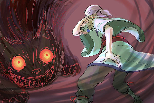 kusuriuri (mononoke), mononoke, 00s, 1boy, action, animal, bakeneko, bandana, blonde hair, claws, durag, fighting, hair tie, japanese clothes, kimono, long hair, male focus, nail polish, obi, ofuda, pointy ears, sash, solo, throwing