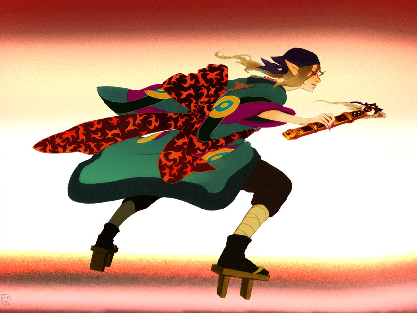 kusuriuri (mononoke), mononoke, 00s, 1boy, action, bandana, blonde hair, bow, durag, facepaint, facial mark, fighting stance, geta, hair tie, japanese clothes, jewelry, kimono, long hair, looking to the side, makeup, male focus, nail polish, necklace, obi, pointy ears, sash, sheath, sheathed, solo, sword, tabi, weapon