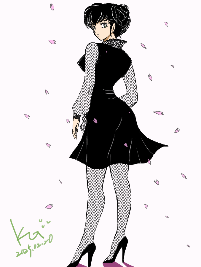 jian yin, otonashi kyouko, maison ikkoku, black dress, black hair, black shoes, braid, cherry blossoms, crown braid, dress, from behind, high heels, long sleeves, looking at viewer, narrow waist, shoes, simple background, white background