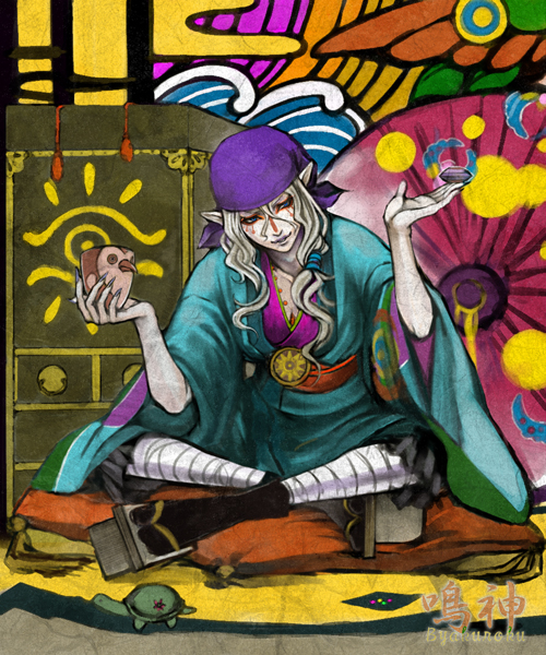 byakuroku, kusuriuri (mononoke), mononoke, 00s, 1boy, bandana, blonde hair, blue eyes, durag, facepaint, facial mark, geta, hair tie, indian style, japanese clothes, jewelry, kimono, lipstick, long hair, makeup, male focus, medallion, nail polish, necklace, obi, pale skin, pointy ears, sash, sitting, solo, sun symbol, tabi, turtle, umbrella
