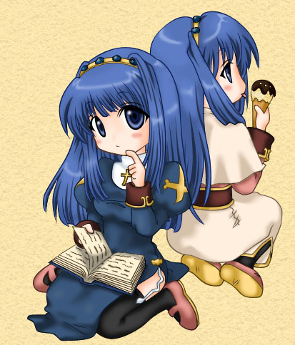 acolyte (ragnarok online), priest (ragnarok online), ragnarok online, bad id, bad source, commentary request, lowres, 2000s (style), 2girls, back-to-back, black thighhighs, blue dress, blue eyes, blue hair, blush, book, brown shirt, capelet, closed mouth, dress, dual persona, expressionless, food, full body, garter straps, hairband, holding, holding book, holding ice cream cone, ice cream, ice cream cone, juliet sleeves, kaga sayuki, long hair, long sleeves, looking at viewer, mary janes, multiple girls, pink shoes, puffy sleeves, shirt, shoes, side slit, simple background, sitting, skirt, thighhighs, white capelet, white skirt, yellow background, yellow hairband