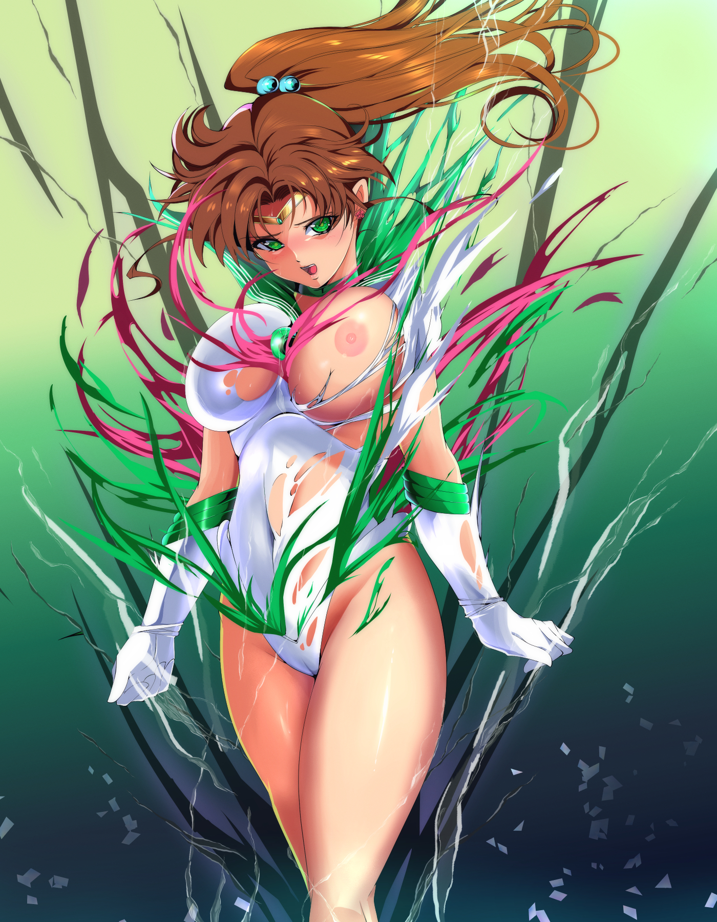 ri~hu, kino makoto, sailor jupiter, bishoujo senshi sailor moon, highres, bow, breasts, cameltoe, circlet, earrings, elbow gloves, flower earrings, gem, gloves, green brooch, green eyes, green gemstone, green sailor collar, hair bobbles, hair ornament, highleg, jewelry, large breasts, leotard, looking at viewer, navel, nipples, parted bangs, pink bow, ponytail, sailor collar, tearing clothes, thighs, torn clothes, white gloves, white leotard