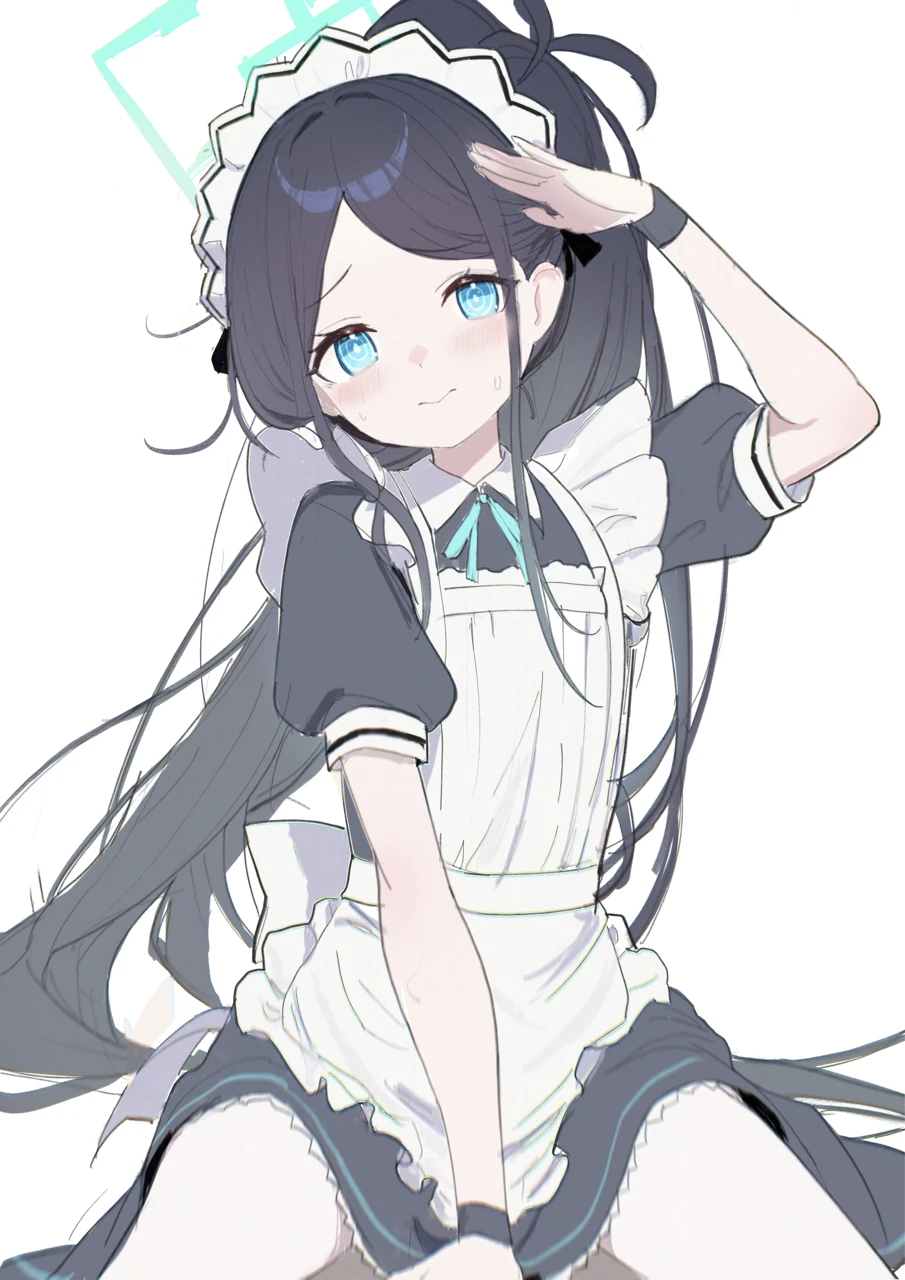 ksi 47, aris (blue archive), aris (maid) (blue archive), blue archive, chinese commentary, commentary request, highres, 1girl, absurdly long hair, apron, aqua eyes, aqua halo, aqua ribbon, arm up, back bow, between legs, black dress, black hair, black wrist cuffs, blush, bow, bright pupils, closed mouth, collared dress, contrast collar, dress, frilled apron, frilled dress, frills, halo, hand between legs, head tilt, high ponytail, long hair, looking at viewer, maid, maid apron, maid headdress, neck ribbon, official alternate costume, official alternate hairstyle, pantyhose, parted bangs, ponytail, puffy short sleeves, puffy sleeves, rectangular halo, ribbon, ringed eyes, salute, short sleeves, simple background, sitting, solo, sweat, very long hair, white apron, white background, white bow, white headdress, white pantyhose, wrist cuffs