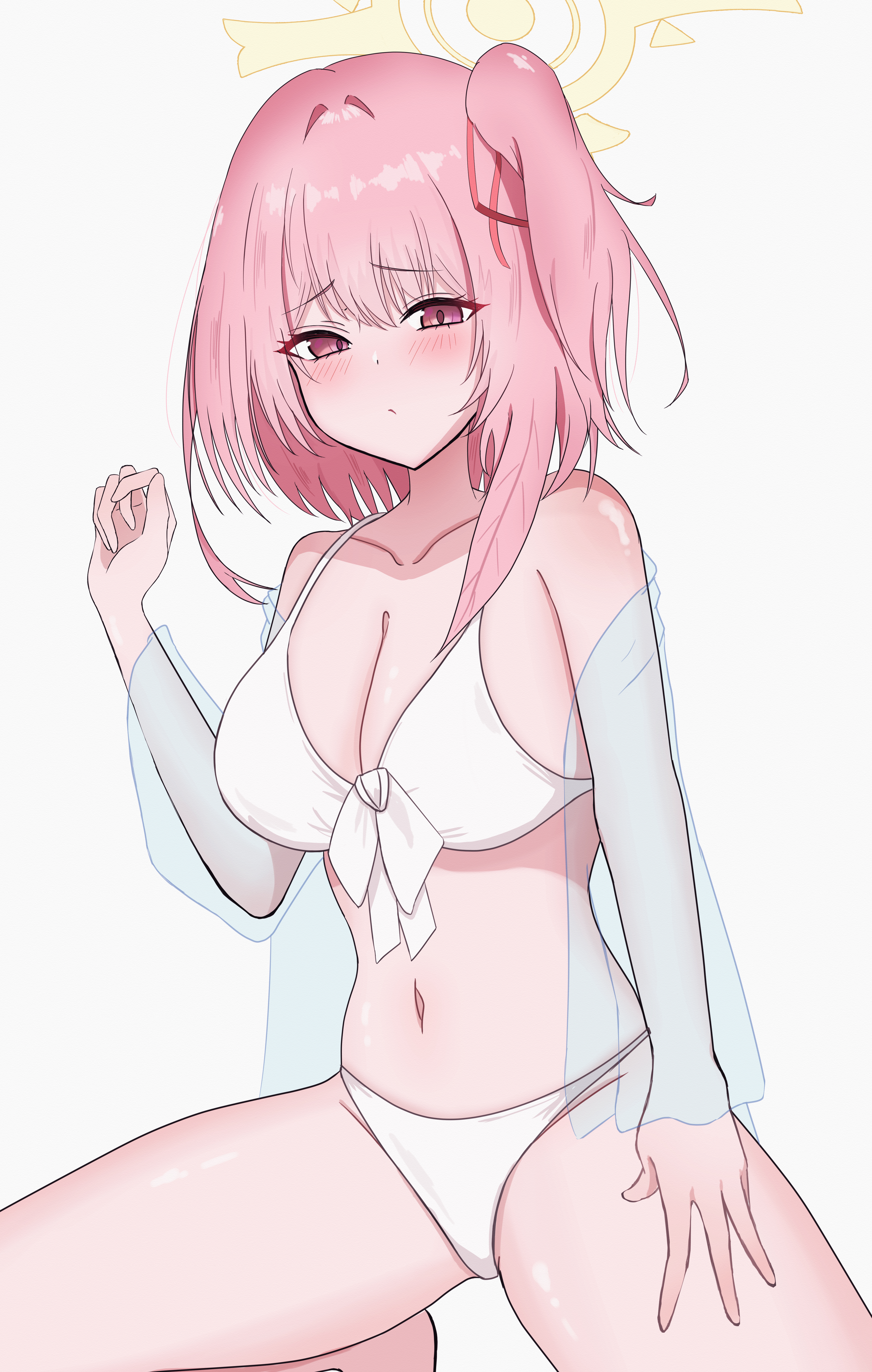 montsuko, serina (blue archive), blue archive, absurdres, commentary request, highres, 1girl, alternate costume, arm at side, bare shoulders, bikini, blush, bow, breasts, cleavage, clenched hand, closed mouth, collarbone, curvy, eyelashes, feather hair, furrowed brow, groin, hair between eyes, hair bow, hair ribbon, halo, hand up, kneeling, large breasts, light frown, looking at viewer, medium hair, navel, pink eyes, pink hair, red ribbon, ribbon, simple background, solo, stomach, straight hair, swimsuit, thighs, tsurime, white background, white bikini, white bow, yellow halo
