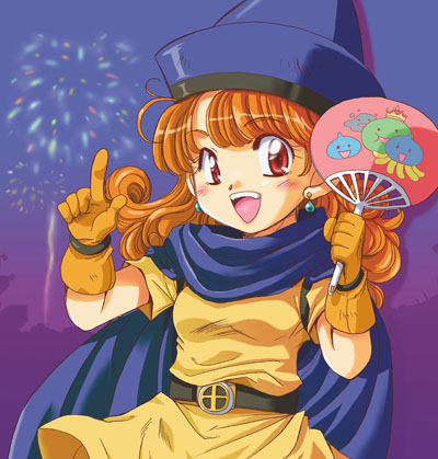 alena (dq4), chunsoft, dragon quest, dragon quest iv, enix, lowres, 1girl, female focus, hand fan, paper fan, red hair, skirt, solo, uchiwa, yellow skirt